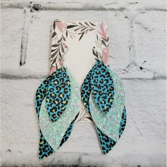 3 Layer Teal Sparkle Animal Faux Leather Dangle Chic Lightweight Earrings  3t7 - Picture 1 of 3